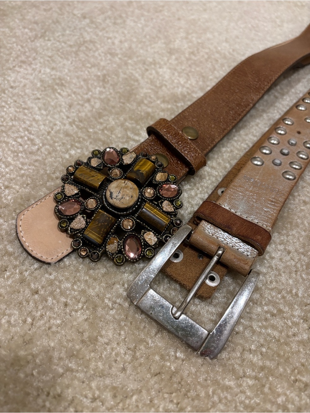 Leatherock Brown Leather Belt with Jeweled Multi-Stone Buckle